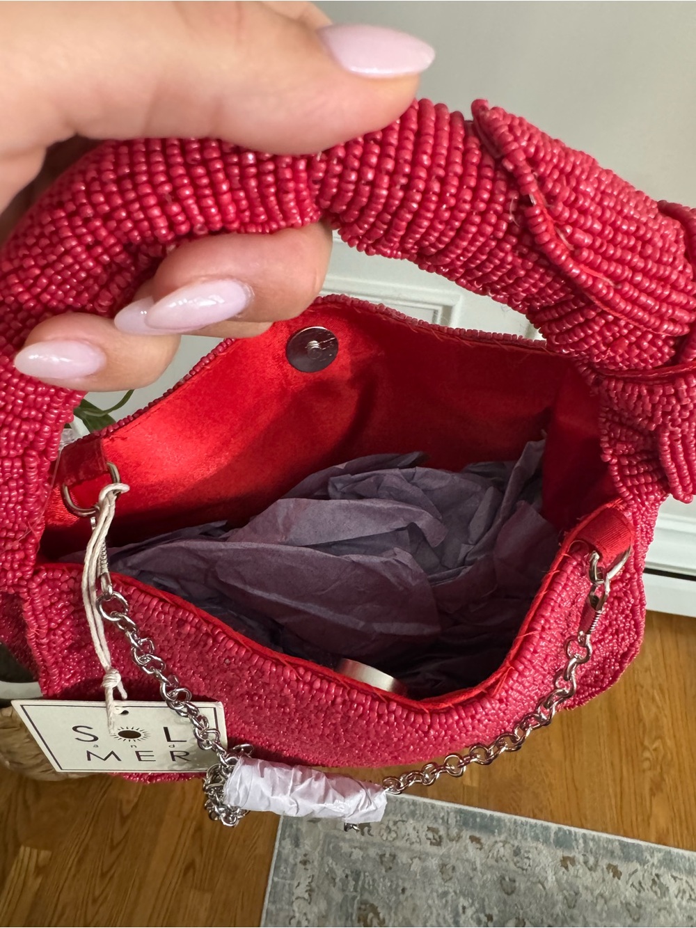 Beaded Red & White Picnic Checkered Handbag - Picture 5 of 5